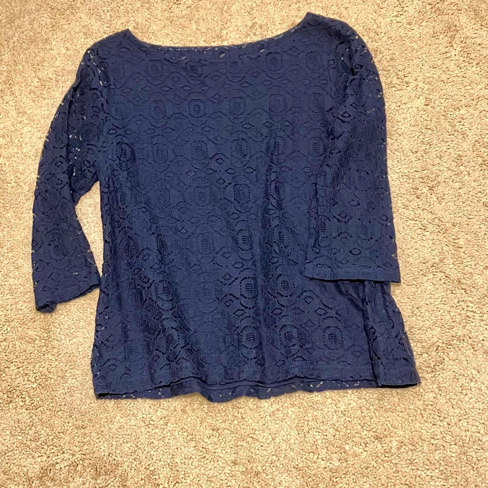 Navy blue lace top with 3/4 length sleeves.